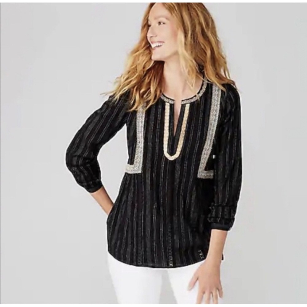 J. Jill Womens M Petite Tunic Peasant Blouse Black Pinstripe Embroidered Boho